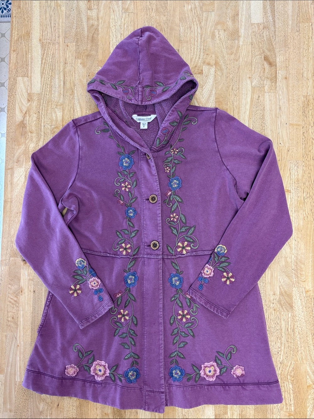 NWT Coldwater Creek Embroidered Fleece Swing Cardigan Hoodie Jacket Purple M